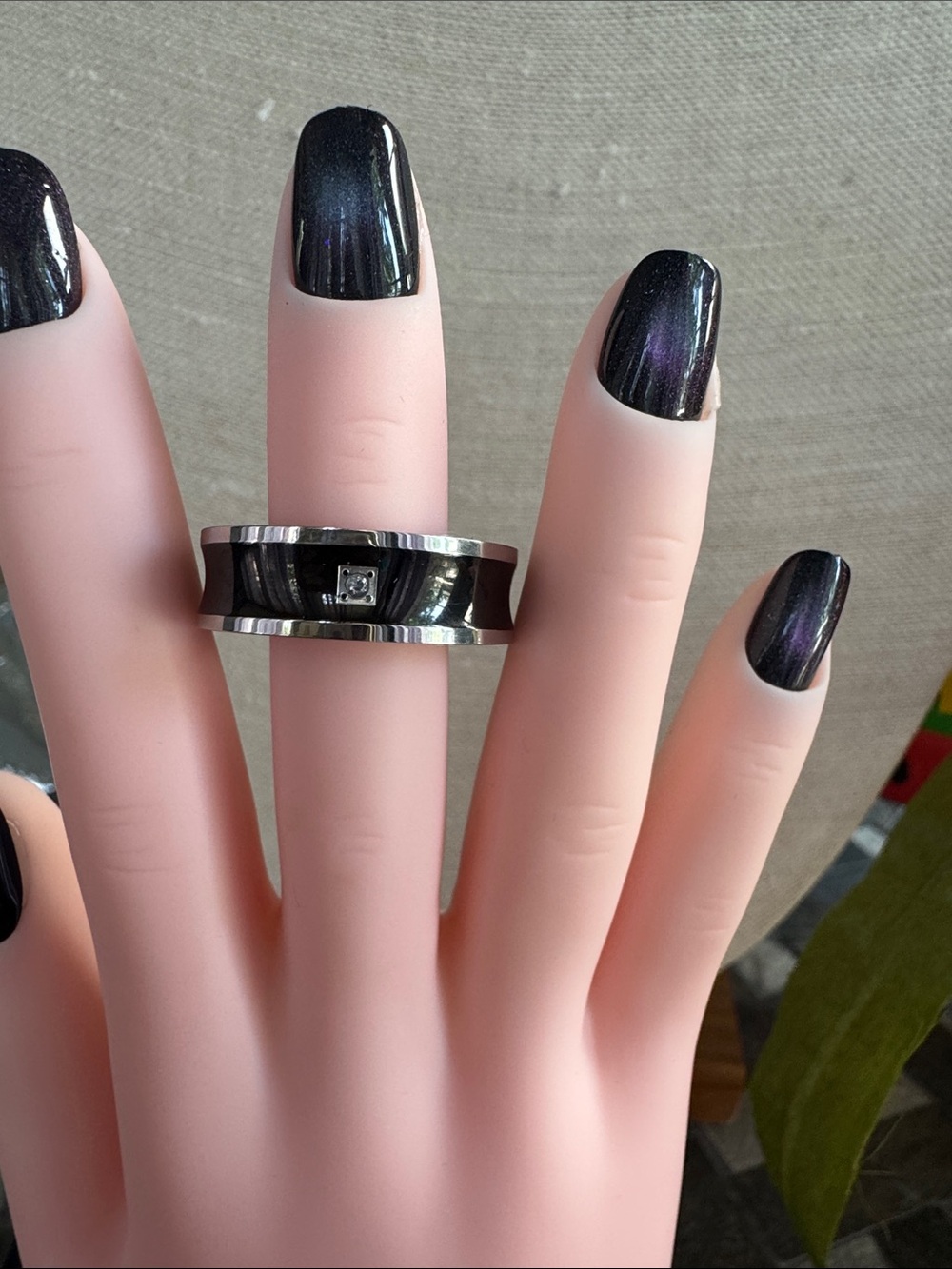 Men's Black and Silver Band Ring with Center Stone CZ Stainless Steel